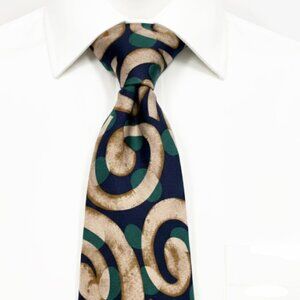 Guy Laroche Silk Tie Paris Designer Abstract Swirl Navy Green Tan Luxury Formal
